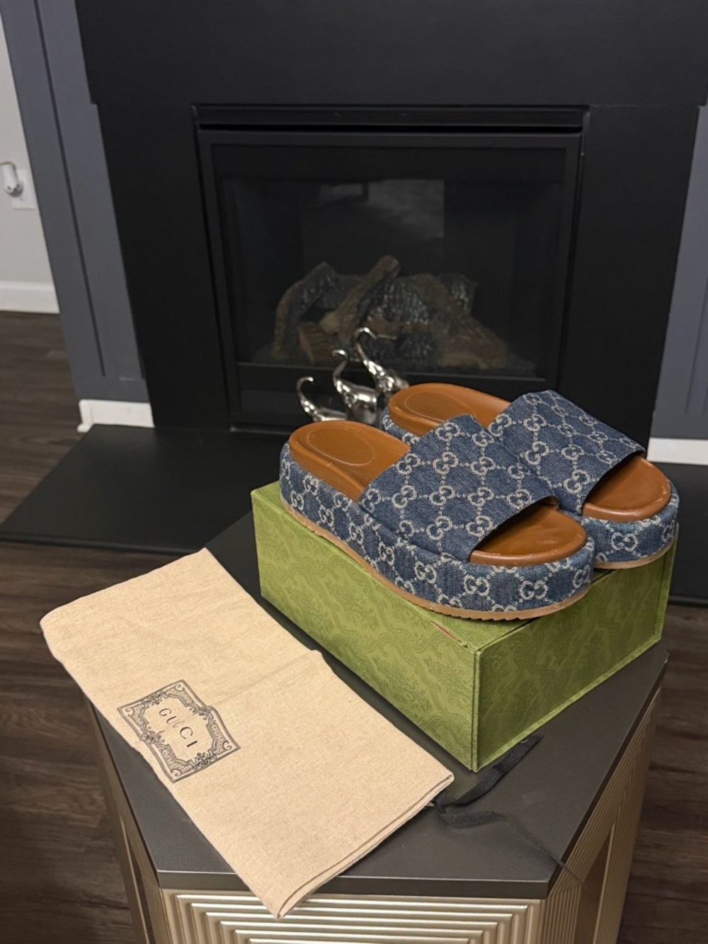 Gucci Denim GG Platform Slide Sandals - Blue/Brown - Picture 2 of 3